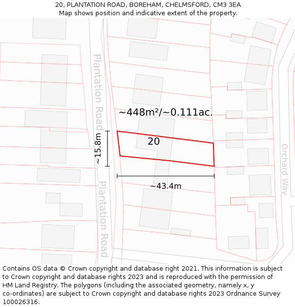 20, PLANTATION ROAD, BOREHAM, CHELMSFORD, CM3 3EA: Plot and title map