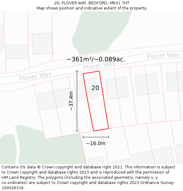 20, PLOVER WAY, BEDFORD, MK41 7HT: Plot and title map