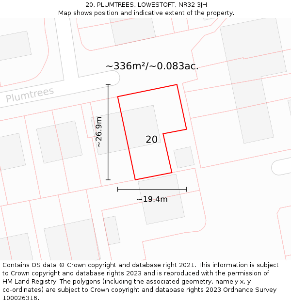 20, PLUMTREES, LOWESTOFT, NR32 3JH: Plot and title map