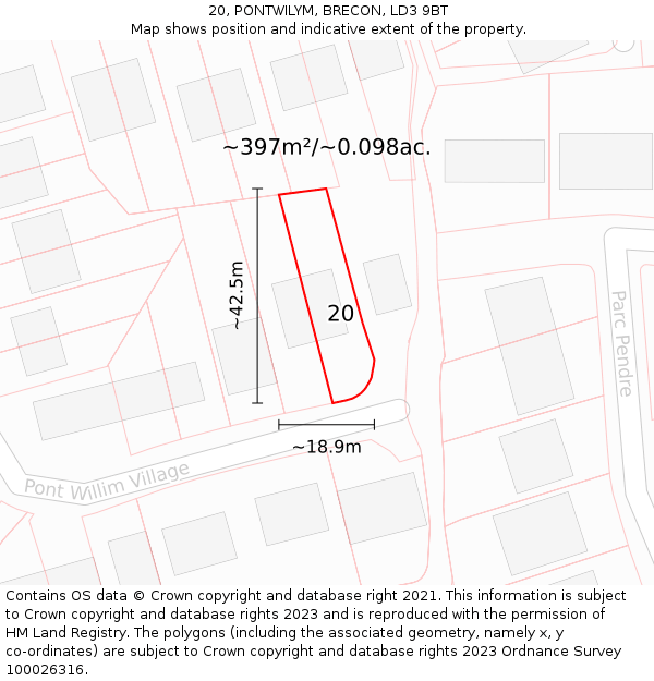 20, PONTWILYM, BRECON, LD3 9BT: Plot and title map