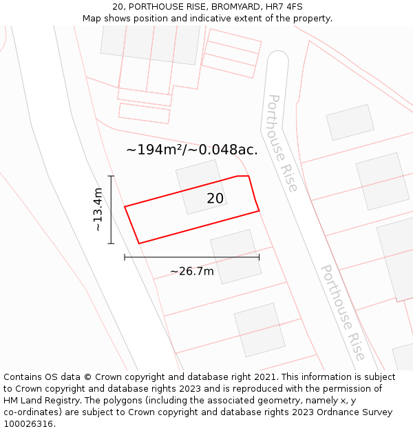 20, PORTHOUSE RISE, BROMYARD, HR7 4FS: Plot and title map