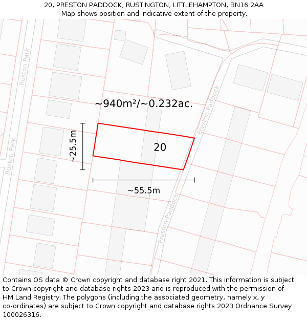 20, PRESTON PADDOCK, RUSTINGTON, LITTLEHAMPTON, BN16 2AA: Plot and title map