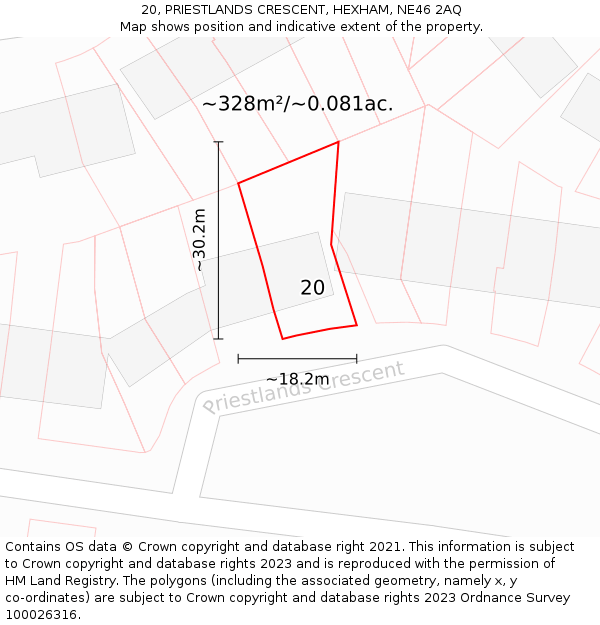 20, PRIESTLANDS CRESCENT, HEXHAM, NE46 2AQ: Plot and title map