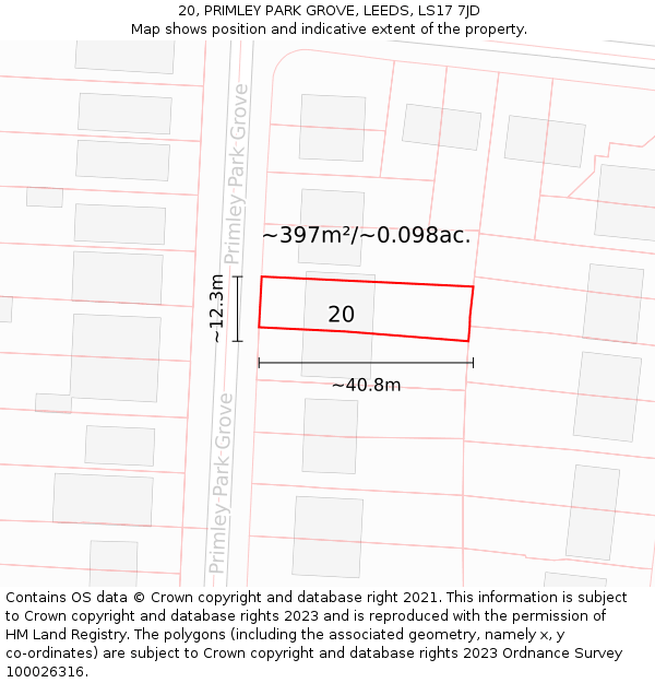 20, PRIMLEY PARK GROVE, LEEDS, LS17 7JD: Plot and title map
