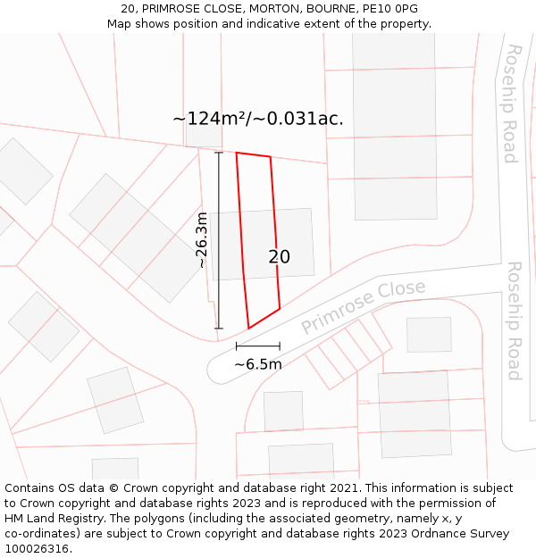 20, PRIMROSE CLOSE, MORTON, BOURNE, PE10 0PG: Plot and title map