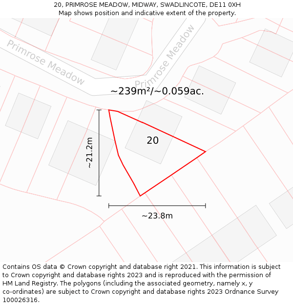 20, PRIMROSE MEADOW, MIDWAY, SWADLINCOTE, DE11 0XH: Plot and title map