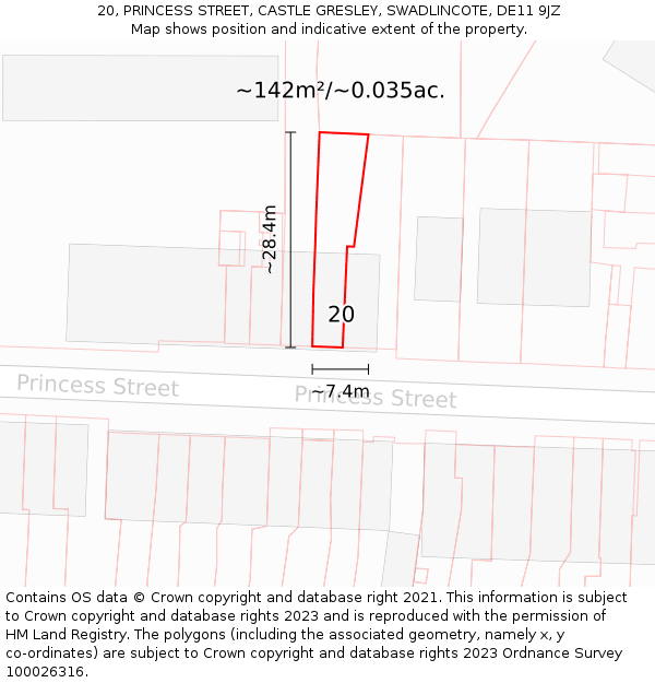 20, PRINCESS STREET, CASTLE GRESLEY, SWADLINCOTE, DE11 9JZ: Plot and title map