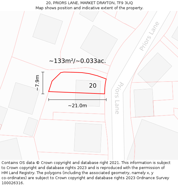 20, PRIORS LANE, MARKET DRAYTON, TF9 3UQ: Plot and title map