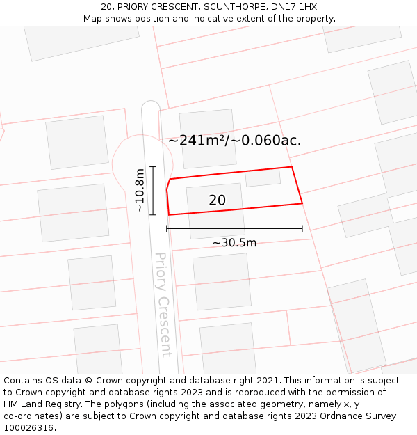 20, PRIORY CRESCENT, SCUNTHORPE, DN17 1HX: Plot and title map