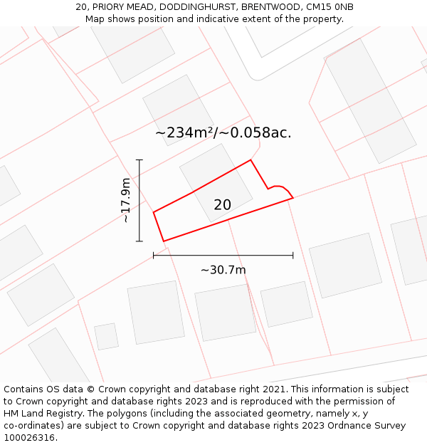 20, PRIORY MEAD, DODDINGHURST, BRENTWOOD, CM15 0NB: Plot and title map
