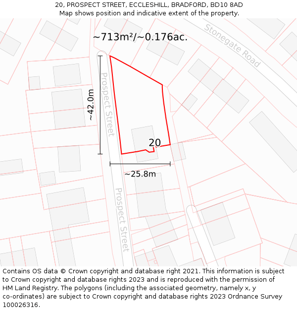 20, PROSPECT STREET, ECCLESHILL, BRADFORD, BD10 8AD: Plot and title map