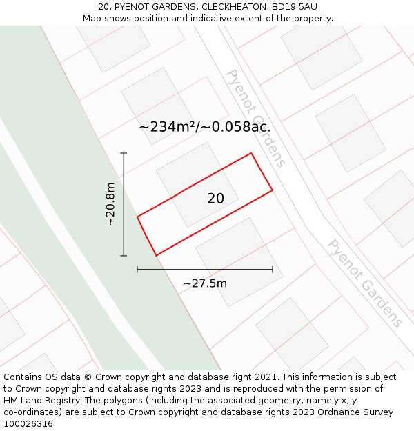 20, PYENOT GARDENS, CLECKHEATON, BD19 5AU: Plot and title map