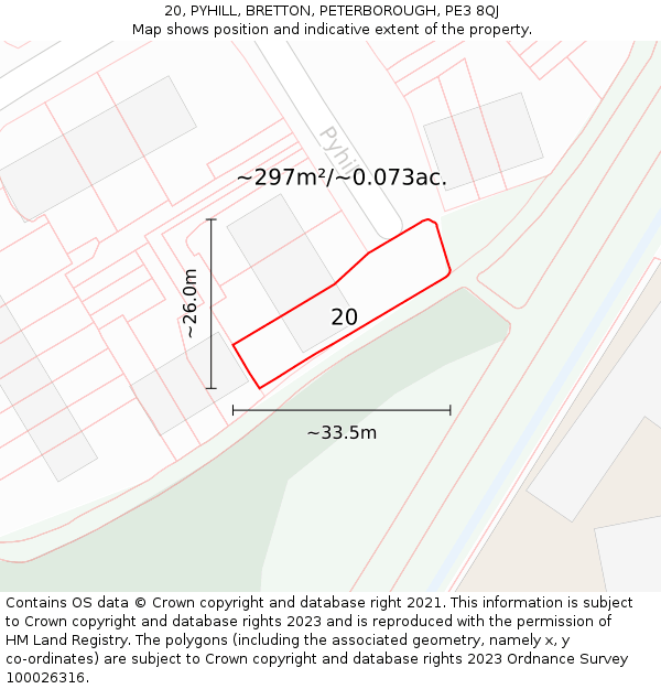 20, PYHILL, BRETTON, PETERBOROUGH, PE3 8QJ: Plot and title map