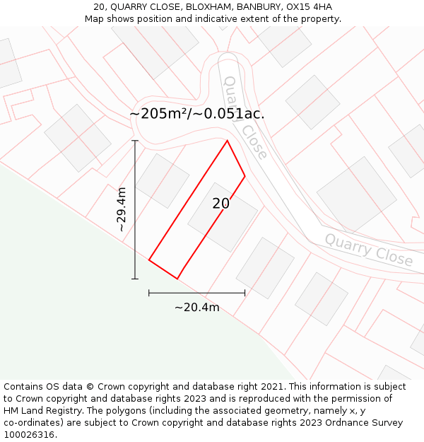 20, QUARRY CLOSE, BLOXHAM, BANBURY, OX15 4HA: Plot and title map