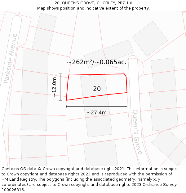 20, QUEENS GROVE, CHORLEY, PR7 1JX: Plot and title map