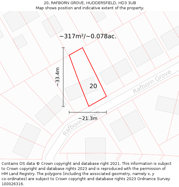 20, RAFBORN GROVE, HUDDERSFIELD, HD3 3UB: Plot and title map