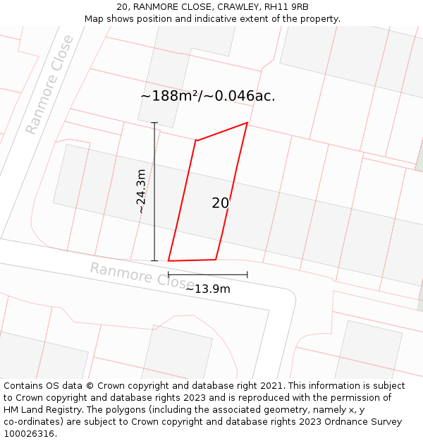 20, RANMORE CLOSE, CRAWLEY, RH11 9RB: Plot and title map