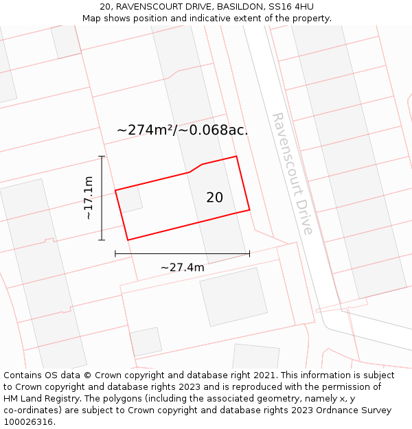 20, RAVENSCOURT DRIVE, BASILDON, SS16 4HU: Plot and title map
