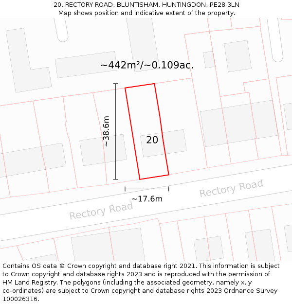 20, RECTORY ROAD, BLUNTISHAM, HUNTINGDON, PE28 3LN: Plot and title map