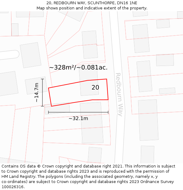 20, REDBOURN WAY, SCUNTHORPE, DN16 1NE: Plot and title map