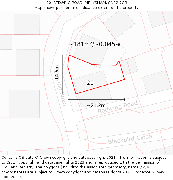 20, REDWING ROAD, MELKSHAM, SN12 7GB: Plot and title map