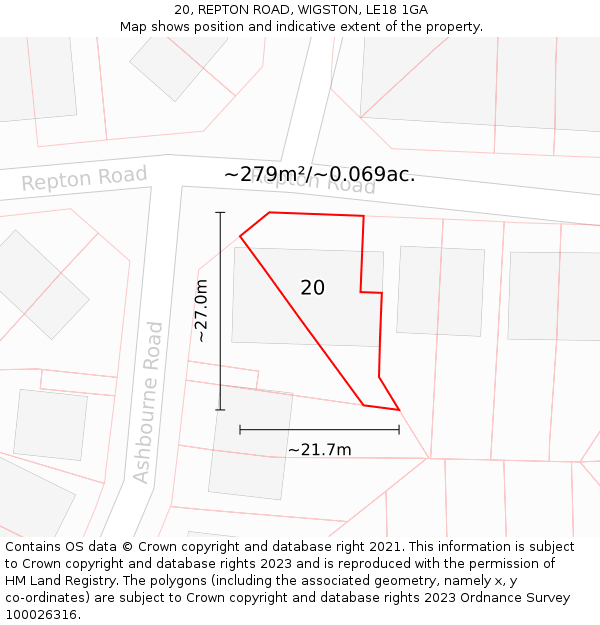 20, REPTON ROAD, WIGSTON, LE18 1GA: Plot and title map