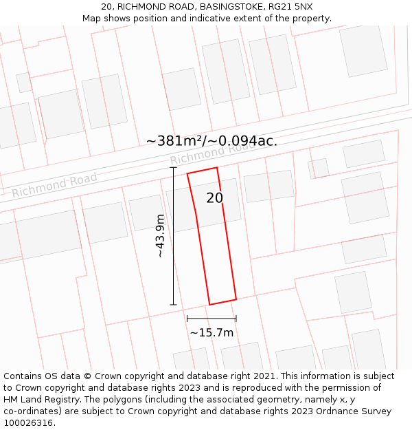 20, RICHMOND ROAD, BASINGSTOKE, RG21 5NX: Plot and title map