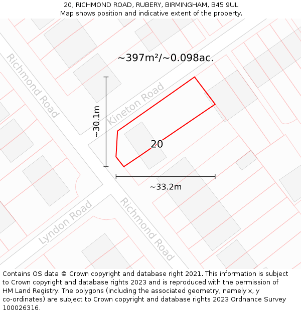 20, RICHMOND ROAD, RUBERY, BIRMINGHAM, B45 9UL: Plot and title map