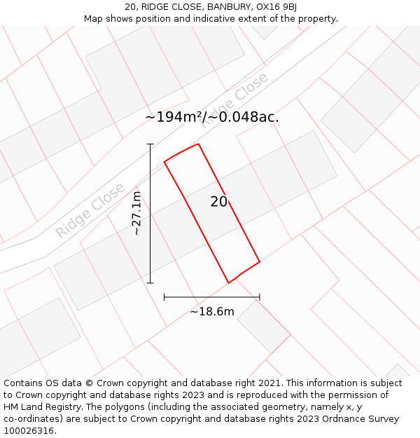 20, RIDGE CLOSE, BANBURY, OX16 9BJ: Plot and title map