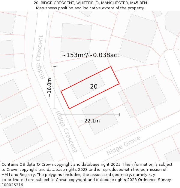 20, RIDGE CRESCENT, WHITEFIELD, MANCHESTER, M45 8FN: Plot and title map