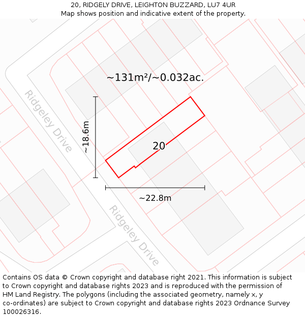 20, RIDGELY DRIVE, LEIGHTON BUZZARD, LU7 4UR: Plot and title map
