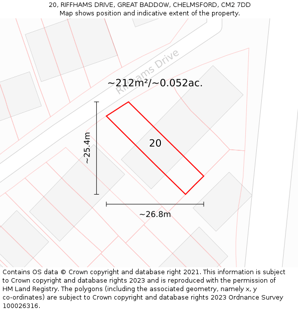 20, RIFFHAMS DRIVE, GREAT BADDOW, CHELMSFORD, CM2 7DD: Plot and title map