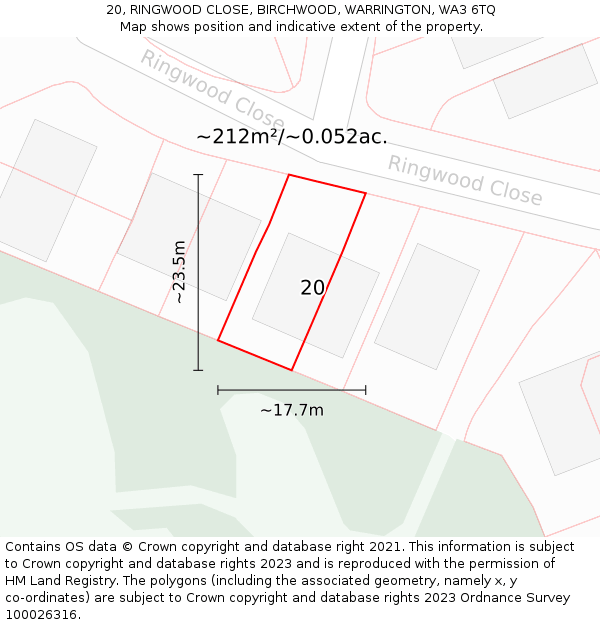 20, RINGWOOD CLOSE, BIRCHWOOD, WARRINGTON, WA3 6TQ: Plot and title map