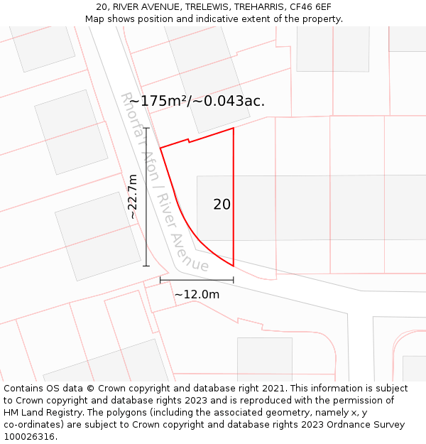 20, RIVER AVENUE, TRELEWIS, TREHARRIS, CF46 6EF: Plot and title map
