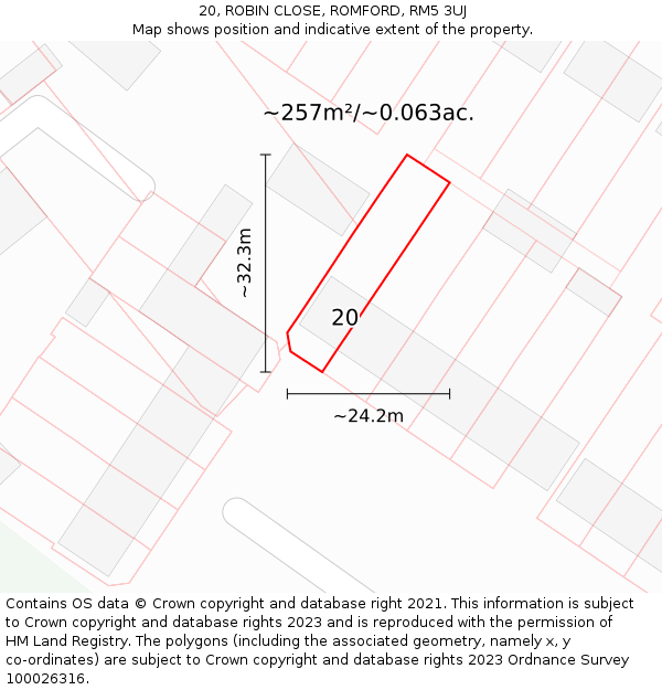 20, ROBIN CLOSE, ROMFORD, RM5 3UJ: Plot and title map