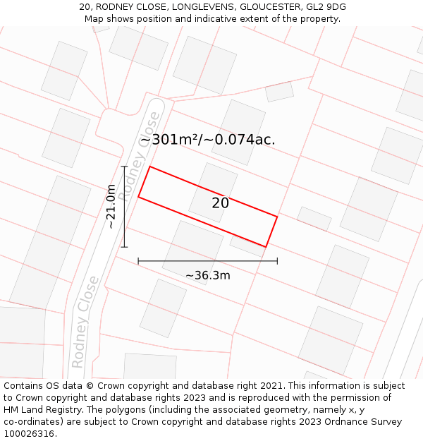 20, RODNEY CLOSE, LONGLEVENS, GLOUCESTER, GL2 9DG: Plot and title map