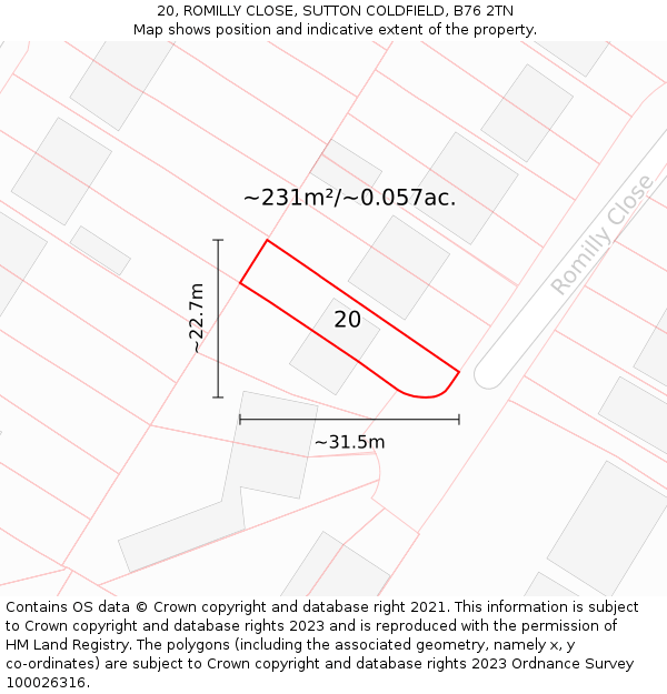 20, ROMILLY CLOSE, SUTTON COLDFIELD, B76 2TN: Plot and title map