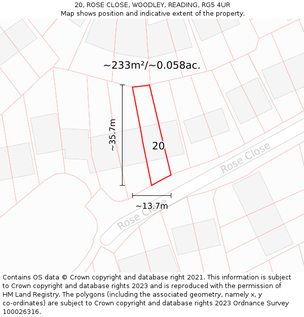20, ROSE CLOSE, WOODLEY, READING, RG5 4UR: Plot and title map