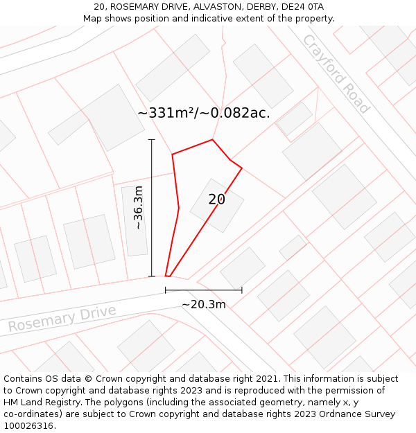 20, ROSEMARY DRIVE, ALVASTON, DERBY, DE24 0TA: Plot and title map
