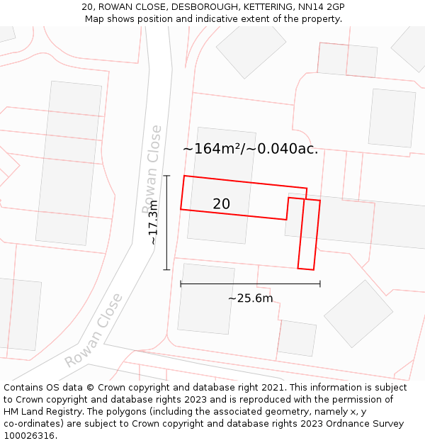20, ROWAN CLOSE, DESBOROUGH, KETTERING, NN14 2GP: Plot and title map