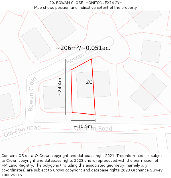 20, ROWAN CLOSE, HONITON, EX14 2YH: Plot and title map