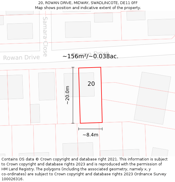 20, ROWAN DRIVE, MIDWAY, SWADLINCOTE, DE11 0FF: Plot and title map
