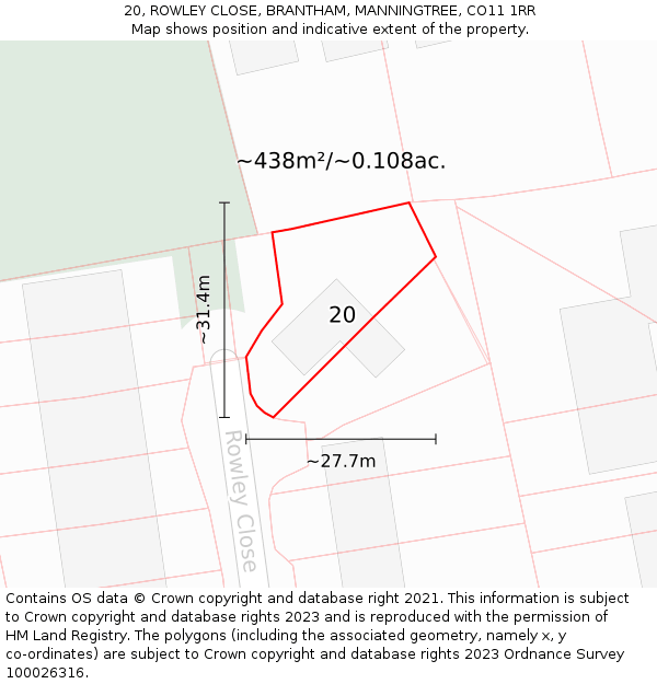 20, ROWLEY CLOSE, BRANTHAM, MANNINGTREE, CO11 1RR: Plot and title map