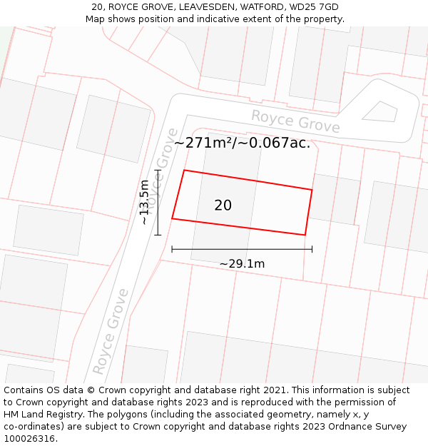 20, ROYCE GROVE, LEAVESDEN, WATFORD, WD25 7GD: Plot and title map