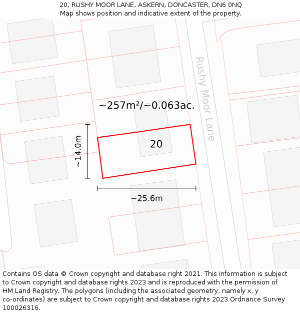 20, RUSHY MOOR LANE, ASKERN, DONCASTER, DN6 0NQ: Plot and title map