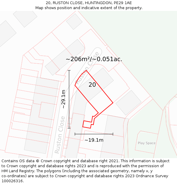 20, RUSTON CLOSE, HUNTINGDON, PE29 1AE: Plot and title map