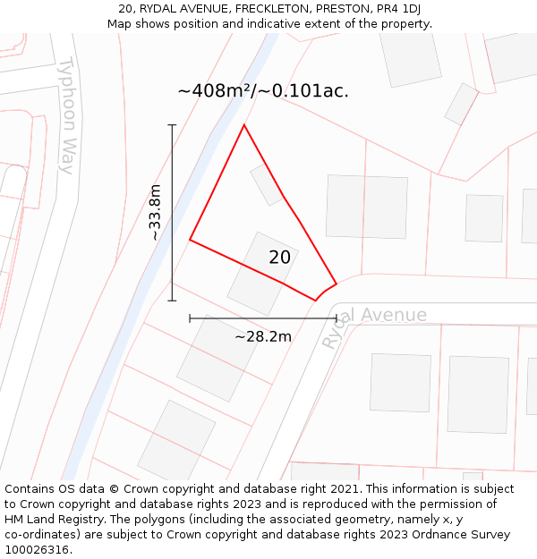 20, RYDAL AVENUE, FRECKLETON, PRESTON, PR4 1DJ: Plot and title map