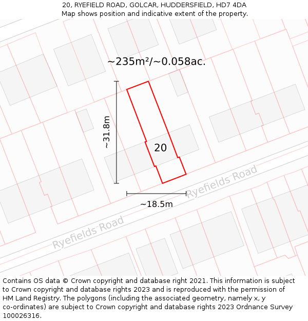 20, RYEFIELD ROAD, GOLCAR, HUDDERSFIELD, HD7 4DA: Plot and title map