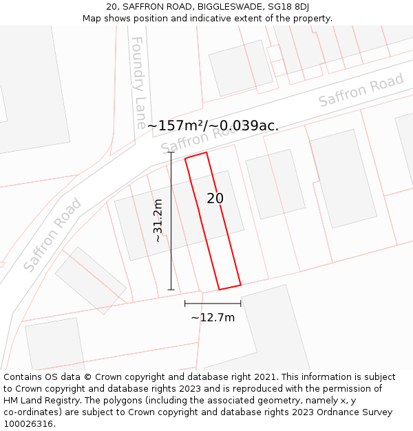 20, SAFFRON ROAD, BIGGLESWADE, SG18 8DJ: Plot and title map