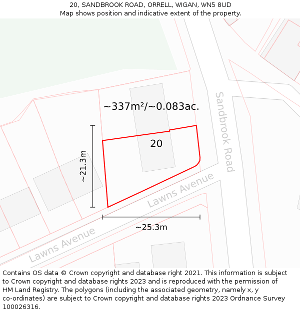 20, SANDBROOK ROAD, ORRELL, WIGAN, WN5 8UD: Plot and title map